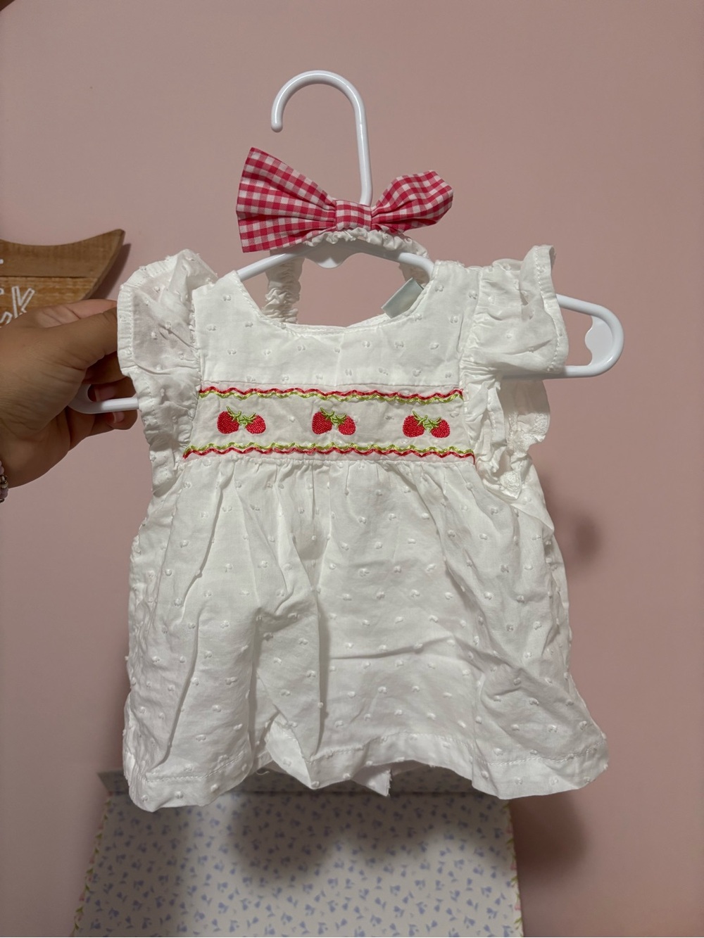 Little Me White Eyelet Dress with Red Strawberry Smocking